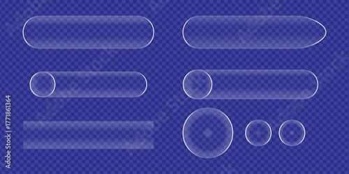 Transparent glass tubes and bubbles with blue light reflections on a checkered background