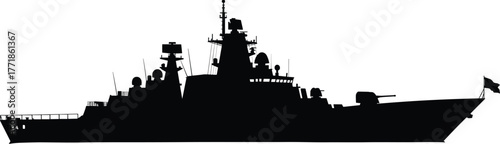 Warship silhouette detailed illustration, navy battleship side view for defense and maritime concept, modern military vessel vector art, cad drawing flat vector illustration