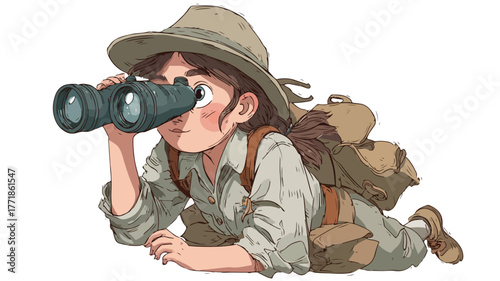 Junior Scout Girl Exploring Outdoors with Binoculars Adventure