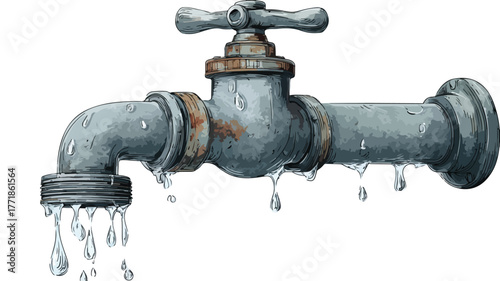 Leaking Water Pipe and Damaged Dripping Fitting Vector Illustration