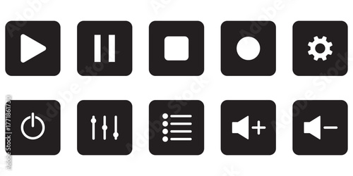 Music player icon set with play, pause, next, previous  and settings symbol in black and white color stroke style. Media Player Buttons icon set, Play and pause buttons sign. Player button icon set.