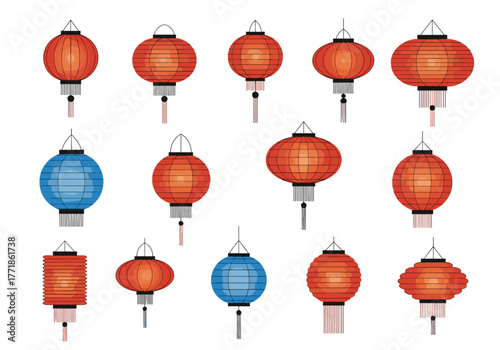 A diverse collection of traditional red and blue Chinese paper lanterns in various shapes and sizes, featuring tassels and intricate details.
