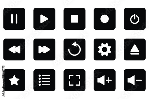 Music player icon set with play, pause, next, previous  and settings symbol in black and white color stroke style. Media Player Buttons icon set, Play and pause buttons sign. Player button icon set.