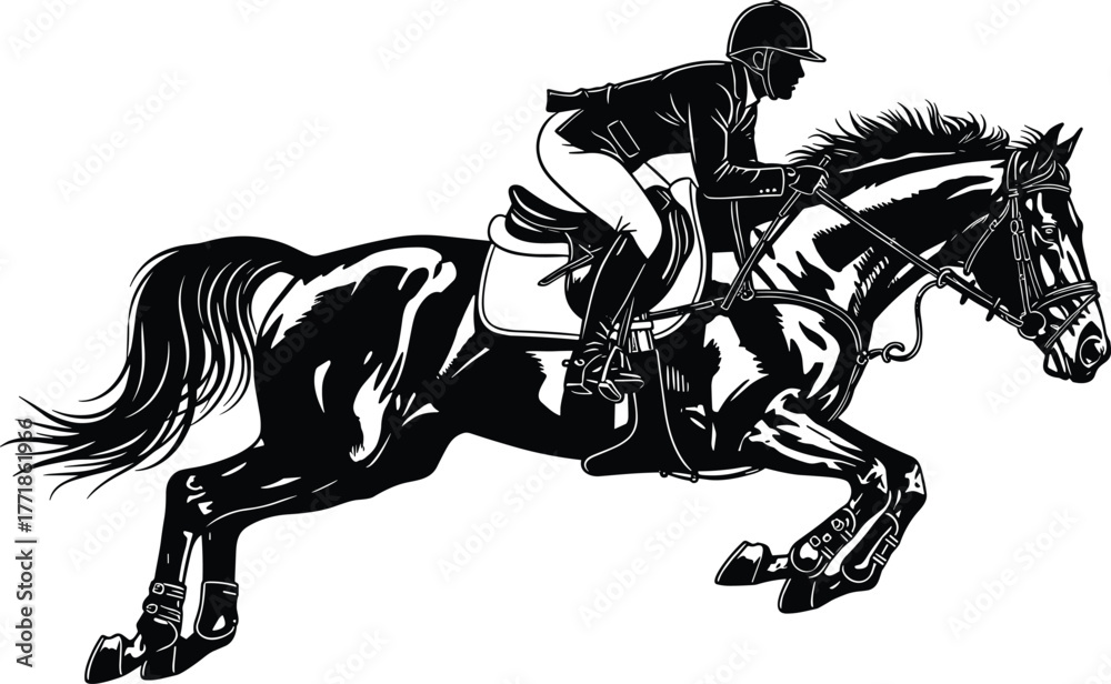 Obraz premium Equestrian horse jumping silhouette, professional rider vector illustration, horseback competition scene, horse racing sport artwork, cad drawing flat vector illustration