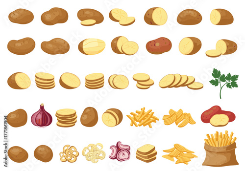 A diverse collection of potato illustrations, featuring whole, sliced, and peeled forms, alongside French fries, potato chips, and cooking ingredients.