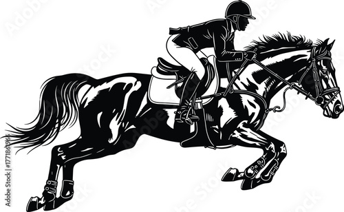 Equestrian horse jumping silhouette, professional rider vector illustration, horseback competition scene, horse racing sport artwork, cad drawing flat vector illustration