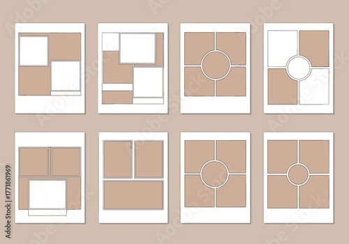Set of eight blank photo collage templates featuring diverse layouts with rectangular, square, and circular openings on white frames.