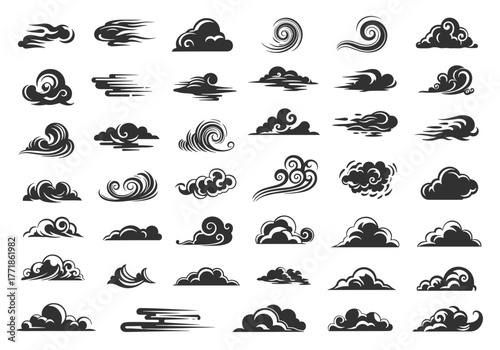 A diverse collection of stylized black and white cloud illustrations, showcasing designs from classic Asian motifs to dynamic modern weather graphics.
