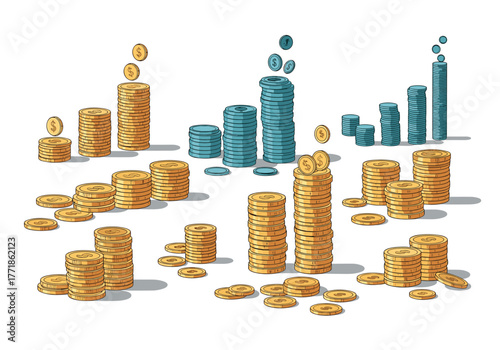 Piles of golden and teal coins increasing in height, symbolizing investment growth, savings, prosperity, and financial progress.