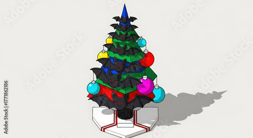 Spooky Christmas Tree Decorating with Bats and Ornaments: A Festive Halloween and Holiday Fusion Graphic
