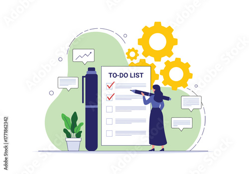 A woman efficiently manages her tasks by checking off completed items on a large to-do list, symbolizing productivity and effective planning.