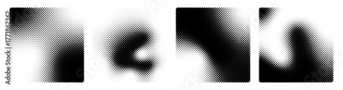 Halftone backgrounds. Collection of square banner with noise gradient stipple dots pattern. Grunge halftone gradient vector texture set