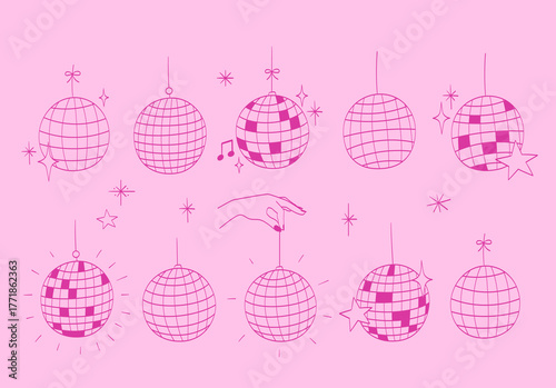 Disco ball hand drawn doodles set. Night club discoball party sphere. Line art drawings.