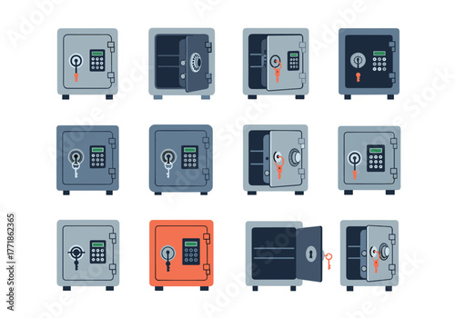 Cartoon illustration set of various strongboxes, featuring key, digital, and combination locks, depicting security and protection.