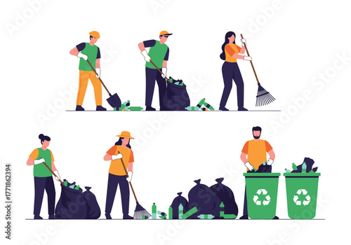 Volunteers work together to clean up litter, collecting plastic bottles and sorting waste into trash bags and recycling bins.