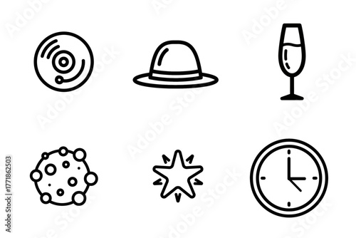 Party, Music, and Celebration Outline Icon Set with Vinyl, Hat, Champagne, Star, Clock