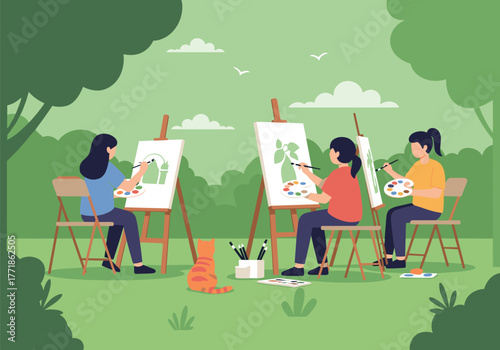 Three women enjoy painting together outdoors in a lush green park, expressing their creativity with easels and palettes.