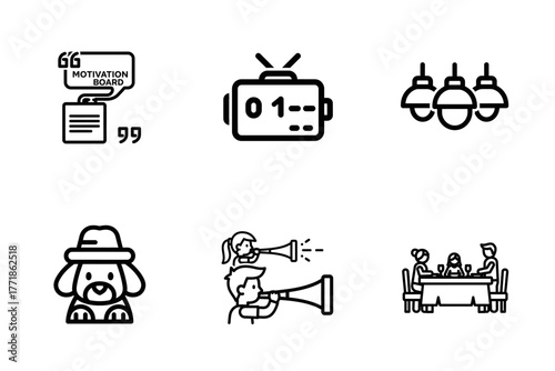 Diverse Line Art Icons Set: Motivation, Party, Dining, Pets, Home, Digital, Lights