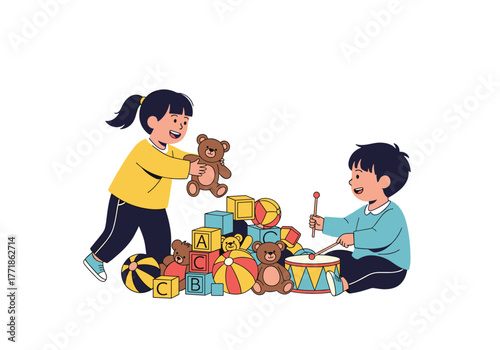 Two cheerful children enjoy playing with a colorful assortment of toys, stacking blocks and drumming happily.