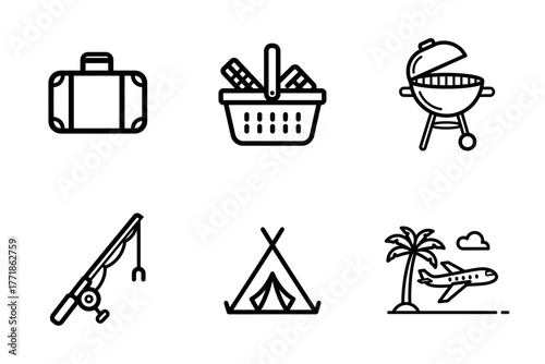Travel and Leisure Line Icons Set - Vacation, Outdoor Activities, Holidays