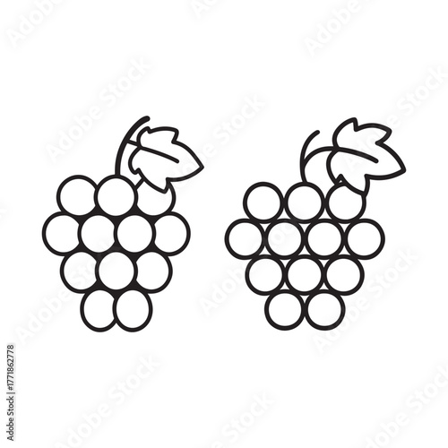Two simple line art icons of grape clusters with leaves on a white background