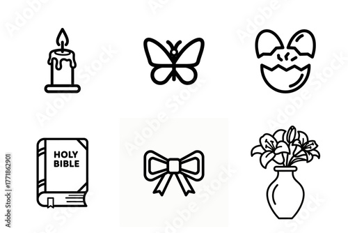 Easter Christian Icons Set. Religious Symbols: Candle, Butterfly, Cracked Egg, Holy Bible, Bow, Lilies. Line Art Outline Vector Collection for Spring Holiday, Resurrection, New Life.