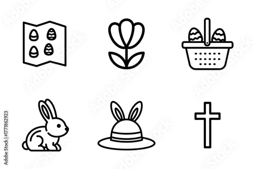 Easter Holiday Outline Icons Set - Eggs, Bunny, Cross, Tulip, Basket, Hat