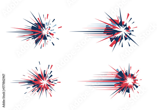 Set of abstract geometric bursts and speed lines in red, blue, and navy, creating dynamic impact or explosion effects on a clean white background.