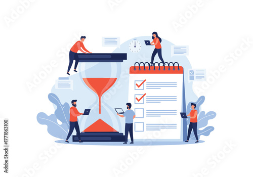 Business professionals collaboratively manage tasks and optimize time with an hourglass and a large checklist, symbolizing efficient project planning and deadline achievement.