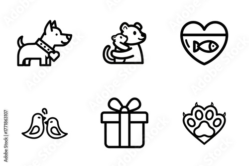 Pets and Animals Love Line Icons Set - Dog, Bear, Fish, Birds, Paw Print, Gift