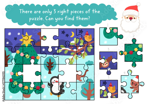 Christmas village logical matching activity with night scene with penguin, decorated tree. New Year game, printable worksheet. Winter holiday match up page. Find missing piece of jigsaw puzzle