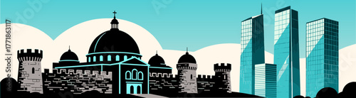 Seamless silhouette of fortress and skyscrapers on solid background