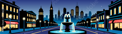 City silhouette with fountains on blue gradient background