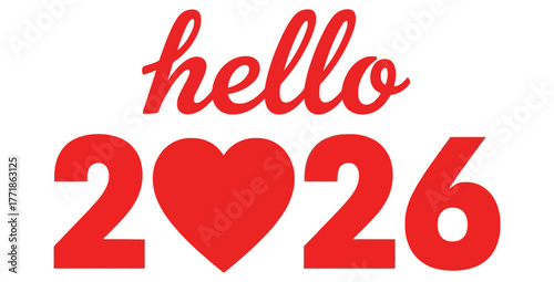 Red hello 2026 graphic with a heart shape on a white background for new year celebrations