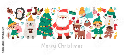 Vector horizontal Christmas border set with cute winter holiday characters. New Year card template design with Santa Claus, deer, elf, decorated tree, angel, snowman, stocking