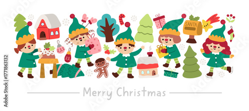 Vector horizontal Christmas border set with cute winter holiday characters. New Year card template design with elves in green clothes, presents, fir trees, houses, gingerbread man