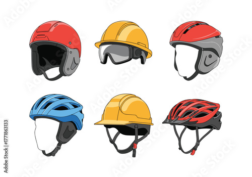 Various safety helmets for different activities and professions, including hard hats for construction and specialized sports helmets.