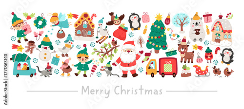 Vector Christmas horizontal frame with traditional symbols, deer, decorated tree, elf. New Year card template design for banners, invitations. Cute winter holiday illustration with Santa Claus
