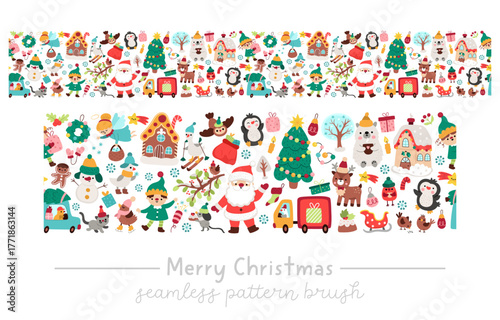 Vector Christmas seamless pattern brush. New Year repeat border background with Santa Claus, elves, deer, fir tree, presents, houses, animals, snowman. Winter holiday festive digital paper for kid