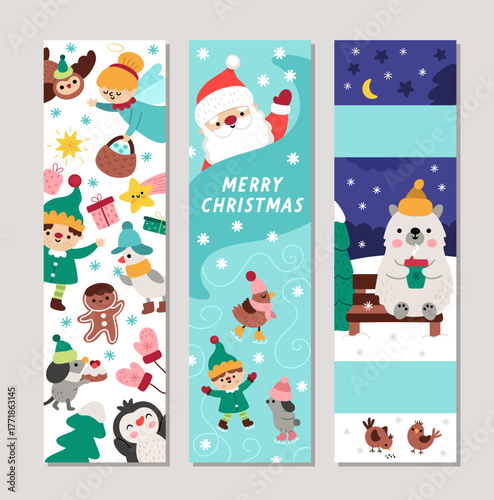 Cute Christmas bookmarks set with Santa Claus, polar bear, penguin, elf, animals skating on rink. Vector cartoon winter holiday vertical cards collection. New Year book mark print templates pack