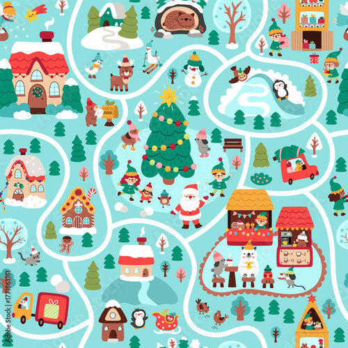 Vector New Year seamless pattern. Repeat background with Christmas village or city map. Cute festive digital paper for kids. Winter holiday texture with white road, path, traditional characters