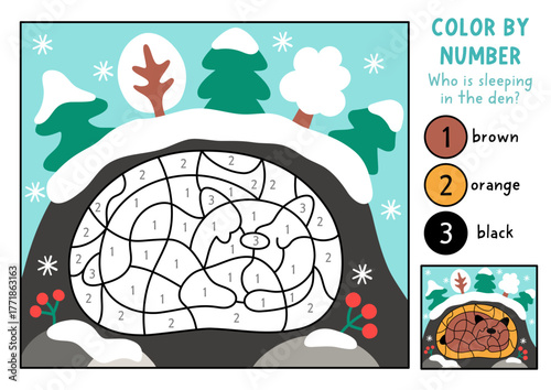 Vector Christmas color by number activity with brown bear sleeping in his den with colored background. Winter holiday black and white counting or colouring game. New Year coloring page for kids