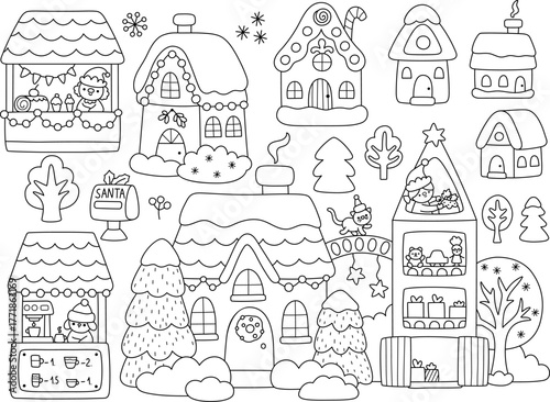 Vector Christmas black and white house clipart set. line New Year winter home icons collection for kid.  Holiday illustration, coloring page with gingerbread cottage, fair, Santa Clause toy fabric