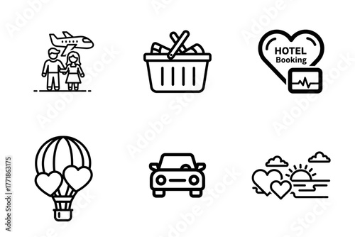 Travel and Romance Icon Set - Vacation, Hotel Booking, Hot Air Balloon, Car Trip, Honeymoon Experiences
