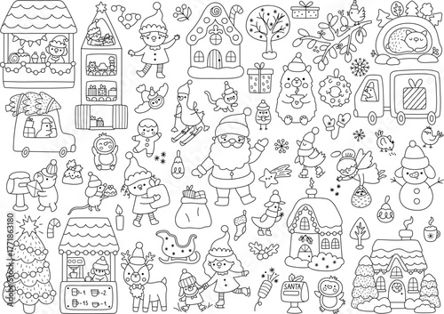 Vector black and white Christmas clipart set. New Year line icons collection with Santa Claus, elves, deer, tree, present, animals, snowman. Cute illustrations for kids. Winter holiday coloring page