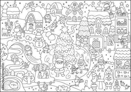 Vector black and white Christmas village landscape. New Year line scene with Santa Claus, elf, deer, tree, house, snowman, fair. Cute festive winter holiday background, coloring page for kid