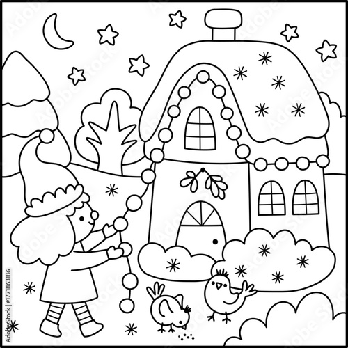 Vector square Christmas village landscape. New Year black and white night scene with elf girl decorating Santa Claus house, tree. Line winter holiday coloring page for kids with traditional character