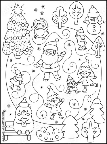 Vector black and white skating rink landscape with Santa Claus, elves, snowman. Christmas village line scene with winter character on ice skates. New Year holiday coloring page for kid