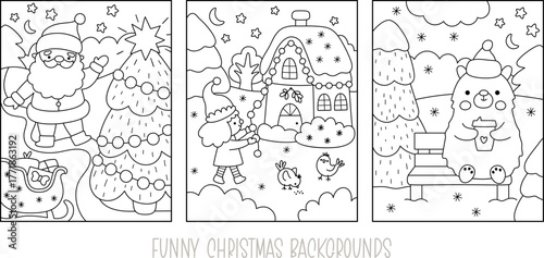 Vector black and white vertical Christmas village landscapes set. New Year line scenes collection with Santa Claus, elf, polar bear. Festive winter holiday backgrounds or coloring page pack for kid