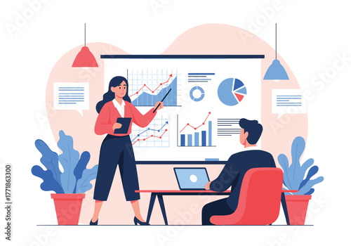 Businesswoman giving a presentation on data analysis with various charts to a colleague in a modern office setting.